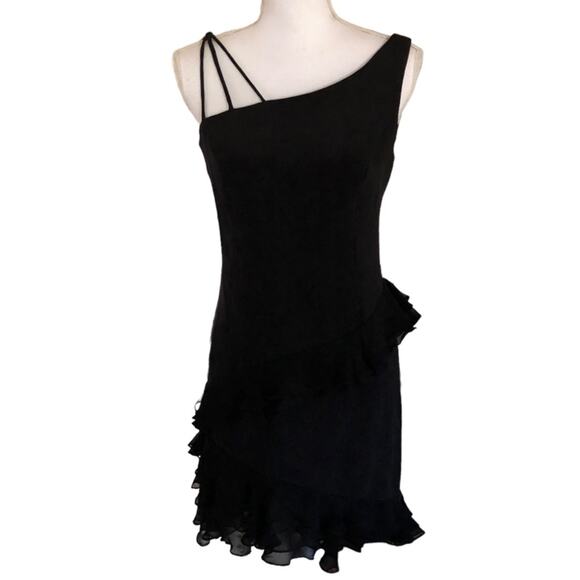 Scaravelli Size 4 Little Black Dress 100% Silk Mini NYE Holiday Ruffle Cocktail - Picture 1 of 5